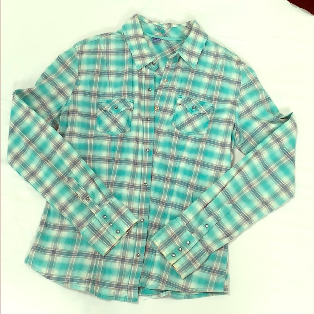 Large teal plaid western shirt